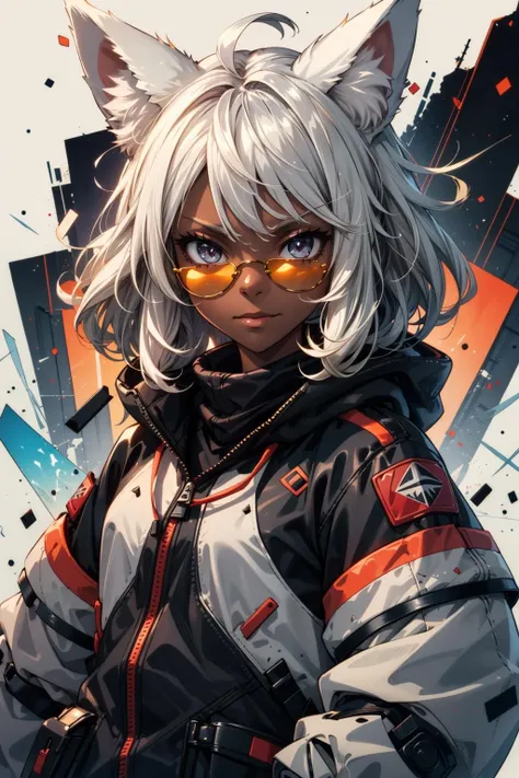 extreme quality, cg, detailed face, (bright colors:1.0), (anime), 1girl, (fox ears, animal ear fluff, (fluffy hair), white hair, medium hair, (sporty:0.8):1.2), (dark skin:1.2), solo, floating hair, looking at viewer, cute serious, smirk, glowing, animated, jacket, glitch, cinematic lighting, strong contrast, high level of detail, (flat color:0.6), masterpiece, best quality, 8k, white background, broken glass, (explosion), tactical clothing, wearing gold sunglasses, bj_Fault art, SMM