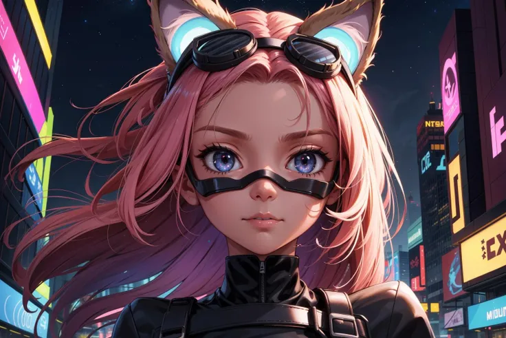 (masterpiece:1.1), (highest quality:1.1), (HDR:1.0), 1girl, solo, cat girl, (detailed face+eyes), dress, building, city, jacket, baggy pants, goggles on head, medium hair, hair intakes, long hair, (forehead), parted hair, floating hair, long_sleeves, looking at viewer, fluffy hair, night, night_sky, outdoors, road, shirt, pinkhair, hair down, sky, skyscraper, smirk, star_\(sky\), starry_sky, a cute girl standing on a street, cyberpunk, reflective, metal, (purple), 8K, hyper focus, full color, cinematic, animal ear fluff, cat ears, shine, neon lights, underglow, emissive, (serious), (by josan gonzalez), (by Alan Shuptrine:1.3), racing, to scale, close up, (face focus:1.2), detailed face, (cinematic movie:1.2)
