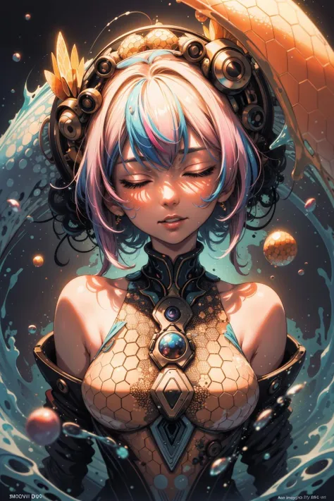 masterpiece, best quality, 1girl, closed eyes, upper body, splashing, abstract, psychedelic, neon, (honeycomb pattern), (creative:1.3), sy3, SMM, fantasy00d