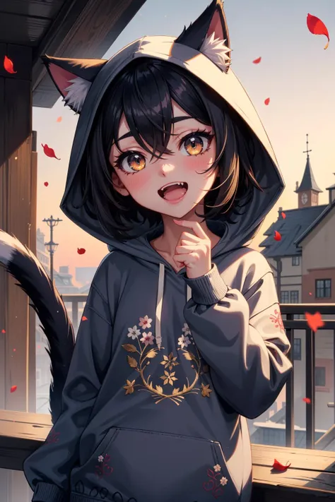 (masterpiece:1.1), (highest quality:1.1), (HDR:1.0), intricate details, 1girl, virtual youtuber, animal ears, cat ears, black hair, smile, golden eyes, looking at viewer, cat girl, bangs, solo, animal ear fluff, hair between eyes, bow, open mouth, fang, short hair, petals, skin fang, cat tail, eyelashes, (embroidery:1.2), (hoodie:1.2)