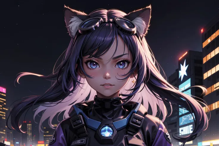 (masterpiece:1.1), (highest quality:1.1), (HDR:1.0), 1girl, solo, cat girl, (detailed face+eyes), dress, building, city, jacket, baggy pants, goggles on head, medium hair, hair intakes, long hair, (forehead), parted hair, floating hair, long_sleeves, looking at viewer, fluffy hair, night, night_sky, outdoors, road, shirt, bluehair, hair down, sky, skyscraper, smirk, star_\(sky\), starry_sky, a cute girl standing on a street, cyberpunk, reflective, metal, (purple), 8K, hyper focus, full color, cinematic, animal ear fluff, cat ears, shine, neon lights, underglow, emissive, (serious), (by josan gonzalez), (by Alan Shuptrine:1.3), racing, to scale, close up, (face focus:1.2), detailed face, (cinematic movie:1.2)