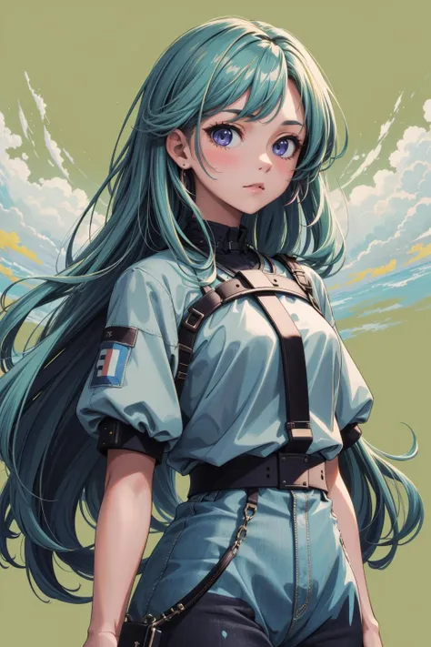 (masterpiece:1.0), (highest quality:1.12), (HDR:1.0), a girl with long hair looking at viewer, with a green background and a aqua sky, constant, vaporwave colors, a character portrait, synchronization