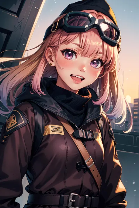 (masterpiece:1.1), (highest quality:1.1), (HDR:1.0), anime wallpaper, 1girl, movie scene, dynamic angle, pink hair, blunt bangs, swept bangs, pink eyes, gradient eyes, big eyes, light blush, (tan skin:1.4), :D, (clenched teeth), teeth, (purple coat), puffy winter coat, thick tan gloves, expressive, hair behind ear, long hair, beanie, goggles, (goggles on head:1.2), patch on sleeve, military shoulder strap, button, hat strap, gold trim, glint, (tsundere:1.18)