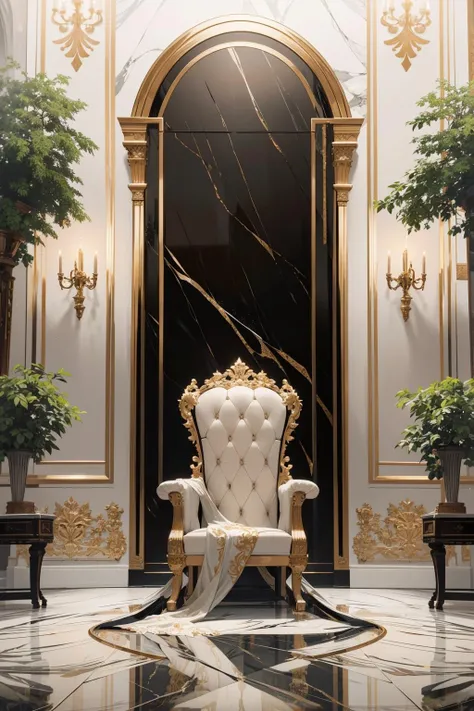 extreme quality, realistic photo of reflective marble flooring, (throne), nature, luxury, plants, supreme, ultra-detailed, extreme quality, masterpiece, 8k, intricate details, no humans