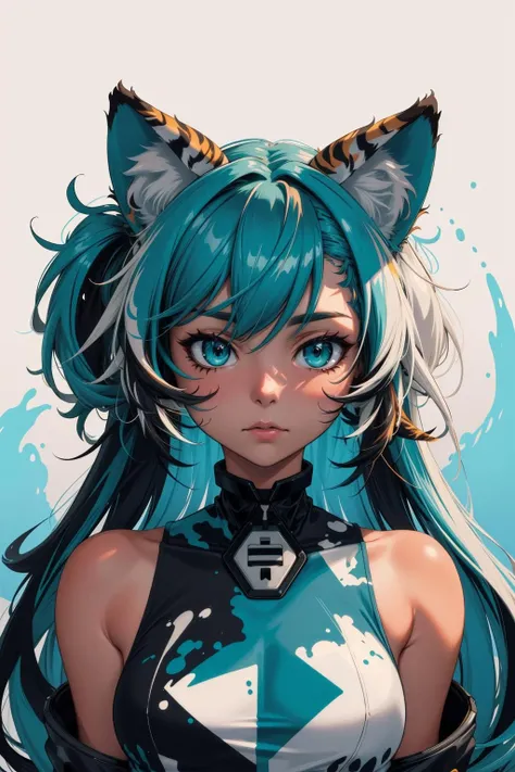 (masterpiece:1.1), (highest quality:1.1), (HDR:1.0), extreme quality, cg, (negative space), detailed face+eyes, 1girl, fox ears, animal ear fluff, (plants:1.18), (fractal art), (bright colors), splashes of color background, colors mashing, paint splatter, complimentary colors, neon, (thunder tiger), compassionate, electric, limited palette, synthwave, fine art, tan skin, upper body, (teal and white:1.2), time stop