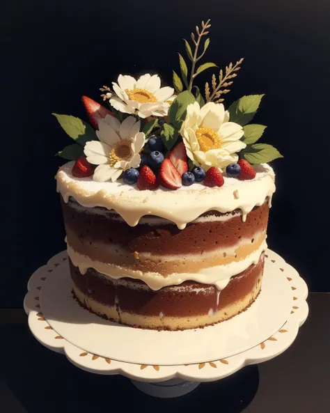 (masterpiece:1.1), (highest quality:1.1), (HDR:1.0), Cake, tiramisu, flowers, fruit, cream, intricate detail, dark background, HD Photography