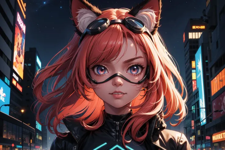 (masterpiece:1.1), (highest quality:1.1), (HDR:1.0), 1girl, solo, cat girl, (detailed face+eyes), dress, building, city, jacket, baggy pants, goggles on head, medium hair, hair intakes, long hair, (forehead), parted hair, floating hair, long_sleeves, looking at viewer, fluffy hair, night, night_sky, outdoors, road, shirt, marroonhair, hair down, sky, skyscraper, smirk, star_\(sky\), starry_sky, a cute girl standing on a street, cyberpunk, reflective, metal, (red), 8K, hyper focus, full color, cinematic, animal ear fluff, cat ears, shine, neon lights, underglow, emissive, (serious), (by josan gonzalez), (by Alan Shuptrine:1.3), racing, to scale, close up, (face focus:1.2), detailed face