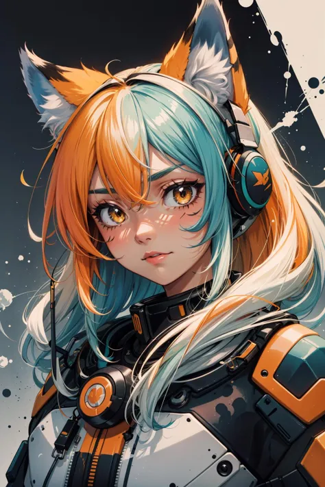(masterpiece:1.1), (highest quality:1.1), (HDR:1.0), extreme quality, cg, (negative space), detailed face+eyes, 1girl, fox ears, animal ear fluff, (plants:1.18), (fractal art), (bright colors), splashes of color background, colors mashing, paint splatter, complimentary colors, neon, (thunder tiger), compassionate, electric, limited palette, synthwave, fine art, tan skin, upper body, (green and orange:1.2), time stop, sy3, SMM