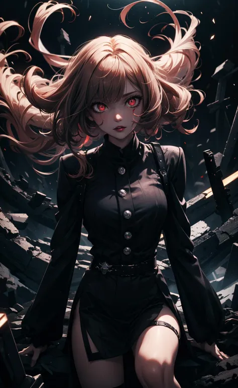 (masterpiece), (highest quality), ultra high res, (dark art:1.3), deep shadow, dark theme, red eyes, glowing eyes, dark lips, slit pupils, aura eyes, cinematic, light red eyes