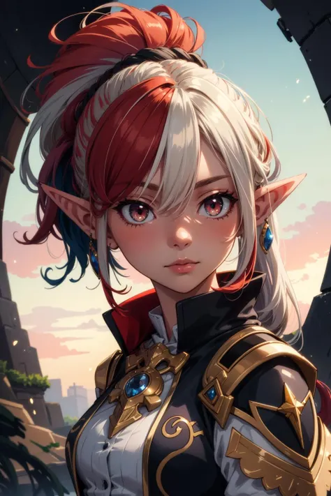 (masterpiece:1.1), (highest quality:1.1), (HDR:1.0), colorfulmix, 1girl, Elf, pointy ears, multicolored eyes, multicolored hair, ponytail hairstyle