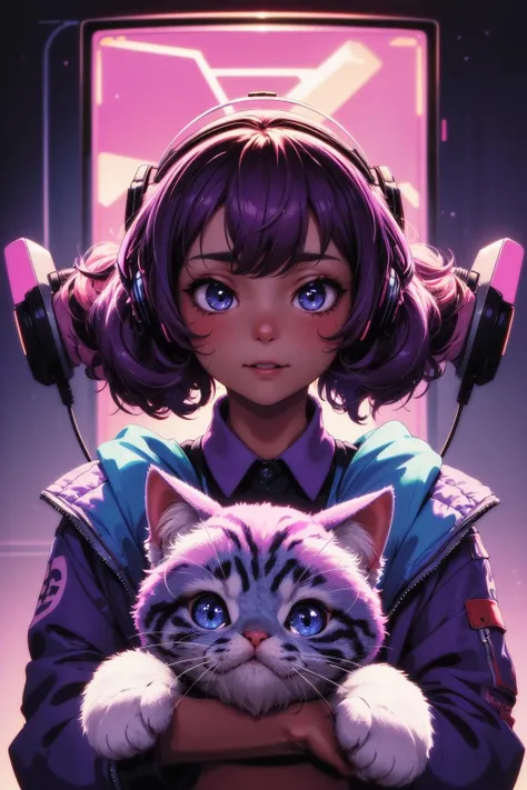 (masterpiece:1.1), (highest quality:1.1), (HDR:1.0), a cute kitten, animal, fluffy, (adorable), natural lighting, purple and blue, (expressive cartoon), expressive face, (synthwave:1.2)