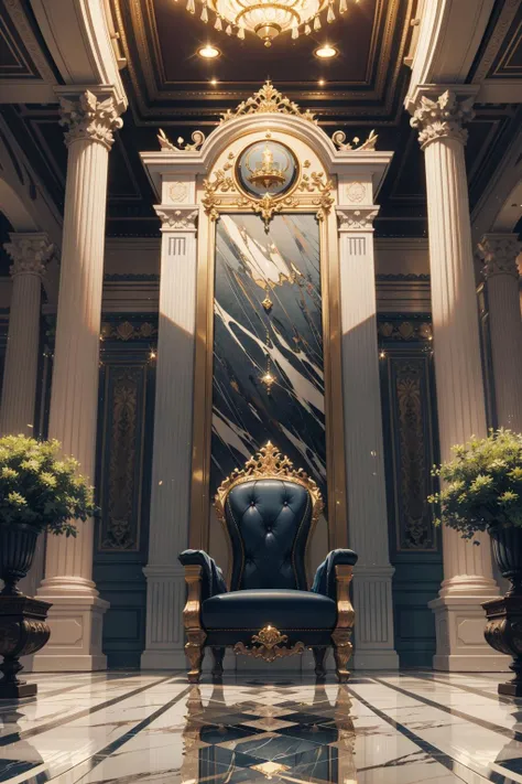 extreme quality, realistic photo of reflective marble flooring, (throne), nature, luxury, plants, supreme, ultra-detailed, extreme quality, masterpiece, 8k, intricate details, no humans