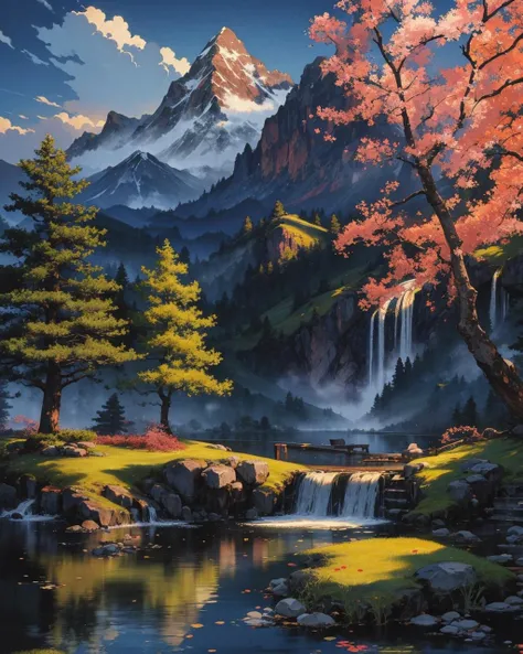 (masterpiece:1.1), (highest quality:1.1), (HDR:1.0), highly detailed, chinese ink painting, colorful ink painting, mountain, waterfall, lake, tree