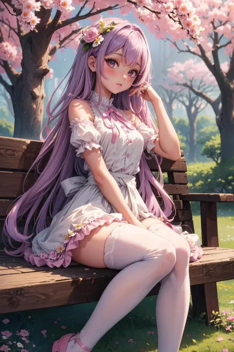 detailed background, superb, 1girl, long hair light purple hair, curly hair, cute, eyelashes, sitting, white dress, pink ribbon around her waist, pink flats, white thighhighs, beautiful 8k wallpaper, outdoors, nature, tree, bush, flower, rustic, extremely detailed, intricate