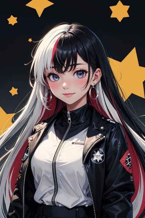 (masterpiece:1.1), (highest quality:1.1), (HDR:1.0), long hair, cute, looking at viewer, blush, smile, bangs, shirt, black hair, jewelry, closed mouth, jacket, upper body, white hair, multicolored hair, earrings, marroon hair, star (symbol), two-tone hair, streaked hair, black jacket, messy hair, multicolored clothes, zipper, 1girl