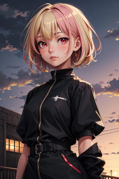 (masterpiece:1.1), (highest quality:1.1), (HDR:1.0), 1girl, solo, outdoors, multicolored hair, short hair, blonde hair, pink hair, red eyes