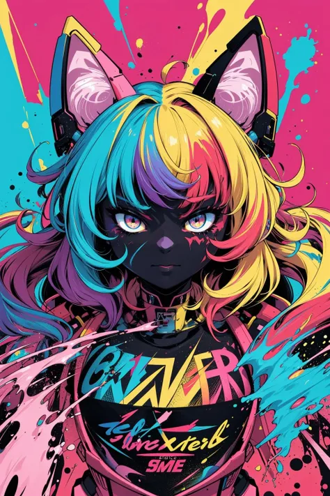 extreme quality, cg, detailed face+eyes, (bright colors), splashes of color background, colors mashing, paint splatter, complimentary colors, electric, neon, magical, (thunder cat), impatient, (limited palette), synththwave, masterpiece, fine art, tan skin, upperbody