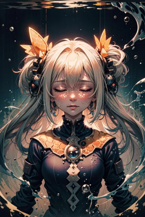 masterpiece, best quality, 1girl, closed eyes, upper body, splashing, abstract, psychedelic, neon, (honeycomb pattern), (creative:1.3), sy3, SMM, fantasy00d