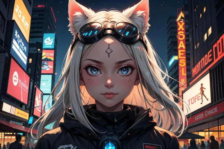 (masterpiece:1.1), (highest quality:1.1), (HDR:1.0), 1girl, solo, cat girl, (detailed face+eyes), dress, building, city, jacket, baggy pants, goggles on head, medium hair, hair intakes, long hair, (forehead), parted hair, floating hair, long_sleeves, looking at viewer, fluffy hair, night, night_sky, outdoors, road, shirt, whitehair, hair down, sky, skyscraper, smirk, star_\(sky\), starry_sky, a cute girl standing on a street, cyberpunk, reflective, metal, (coral), 8K, hyper focus, full color, cinematic, animal ear fluff, cat ears, shine, neon lights, underglow, emissive, (serious), (by josan gonzalez), (by Alan Shuptrine:1.3), racing, to scale, close up, (face focus:1.2), detailed face, (cinematic movie:1.2)