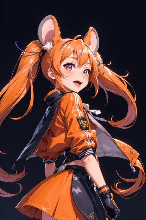 (masterpiece:0.8), high quality, detailed background, 1girl, mouse girl, mouse ears, violet hair, orange hair, two-tone hair, twintails, platinum eyes, cropped jacket, orange jacket, zipper, :D, ribbon, hair ribbon, gloves, cape, arms behind back, neon, indigo background, thinking