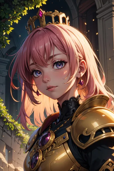 (intricate details), (****), eldritch, (warrior), tan, (magenta:1.2), (white:0.9), epic, armor, (pauldrons:0.8), crown, portrait, fantasy \(theme\), honorable, pretty face, vines, moss, sunbeam, ruins, glow, magic dust eyes, metal, (golden)