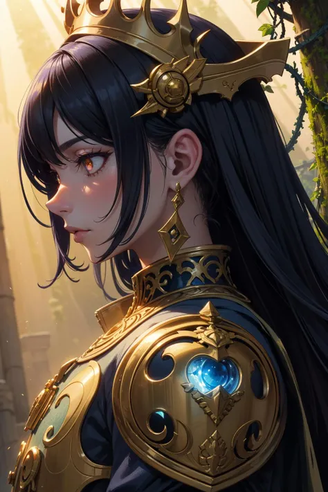 (intricate details), (****), eldritch, (warrior), marroon, (indigo:1.2), (white:0.9), epic, armor, (pauldrons:0.8), crown, portrait, fantasy \(theme\), honorable, vines, moss, sunbeam, glow, glowing eyes, metal, (golden)