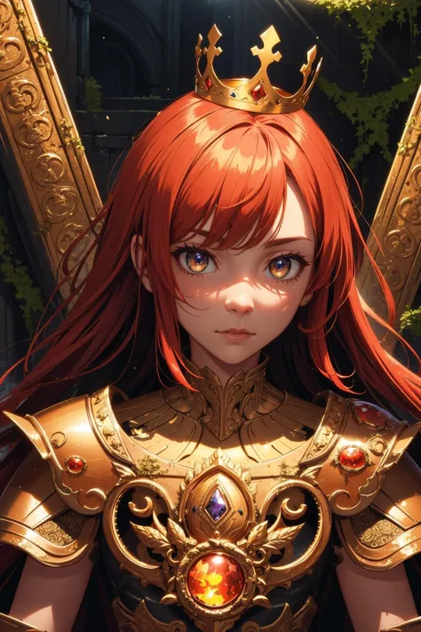 (intricate details), (****), eldritch, (warrior), orange, (red:1.2), (white:0.9), epic, armor, (pauldrons:0.8), crown, portrait, fantasy \(theme\), honorable, pretty face, vines, moss, sunbeam, ruins, glow, magic dust eyes, metal, (golden)