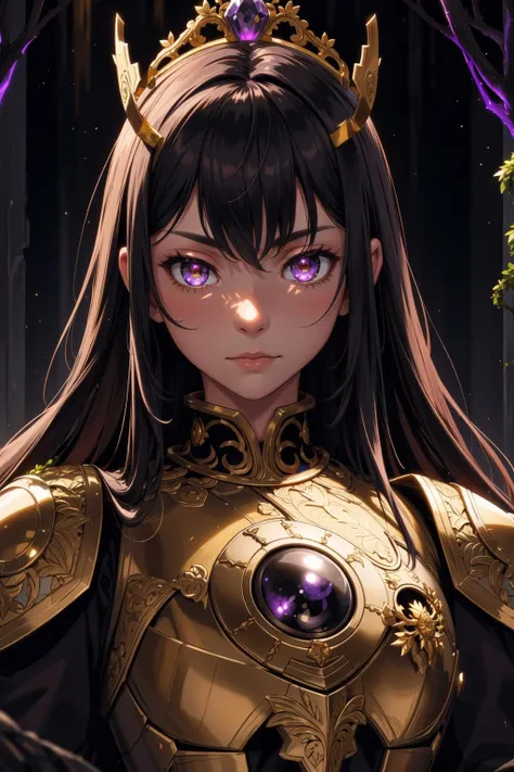 (intricate details), (****), eldritch, (warrior), purple, (black:1.2), (white:0.9), epic, armor, (pauldrons:0.8), crown, portrait, fantasy \(theme\), honorable, vines, moss, sunbeam, glow, glowing eyes, metal, (golden)