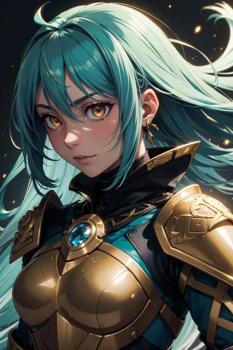 (intricate details), (****), eldritch, (warrior), teal, (aqua:1.2), (fantasy:0.9), epic, armor, pauldrons, portrait, honorable \(theme\), diligent, glow, glowing eyes, metal, (gold), s-rank