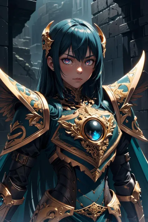 (intricate details), (****), eldritch, (warrior), black, (teal:1.2), (fantasy:0.9), epic, armor, pauldrons, portrait, honorable \(theme\), diligent, glow, glowing eyes, metal, (gold), s-rank