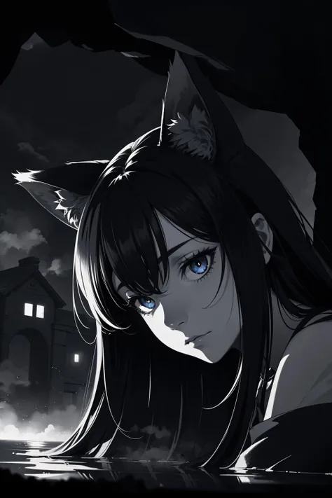 solo, wolf ears, cave, underground, sad, blue eyes, black hair, 1girl, water, ((dark lighting, dark, night, low color gamma)), fog
