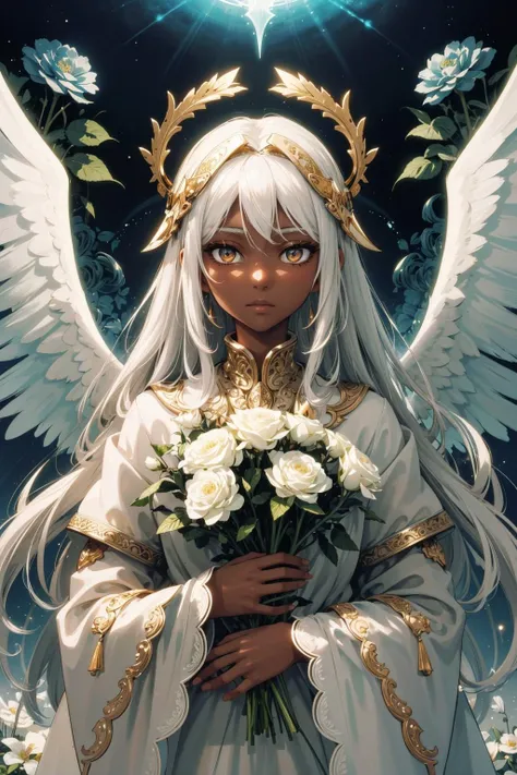(intricate details), (****), eldritch, (dream), illustration, heaven background, flowers, 1girl, white hair, golden eyes, long hair, halo, angel wings, (dark skin), serene, looking at viewer, marroon, (aqua:1.2), plants, (white:0.8), immaculate, heroic \(theme\), glow, glowing beam eyes, (gold), sy3, SMM
