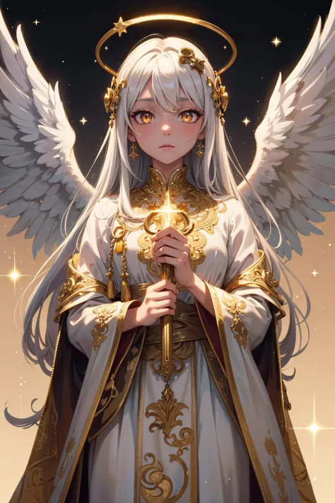 (intricate details), (****), eldritch, (dream), illustration, heaven background, 1girl, white hair, golden eyes, long hair, halo, angel wings, serene, looking at viewer, yellow, (tan:1.2), (white:0.8), immaculate, heroic \(theme\), glow, glowing eyes, (sparkly:0.9 gold)