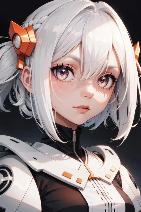 1girl, shaded face, looking at viewer, white hair, orange white eyes, sy3, SMM