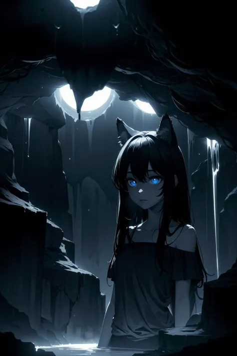 solo, wolf ears, cave, underground, sad, blue eyes, black hair, 1girl, water, ((dark lighting, dark, night, low color gamma)), fog
