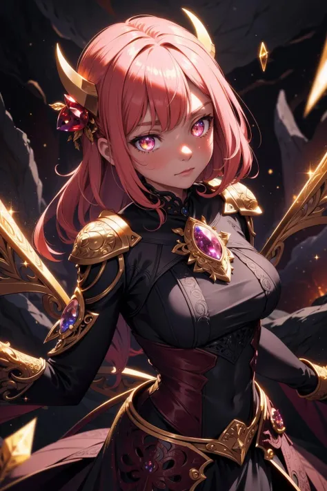 (intricate details), (****), eldritch, (warrior), pink, (marroon:1.2), (fantasy:0.9), insane, chosen one \(theme\), glow, glowing eyes, (sparkly:0.9 gold)