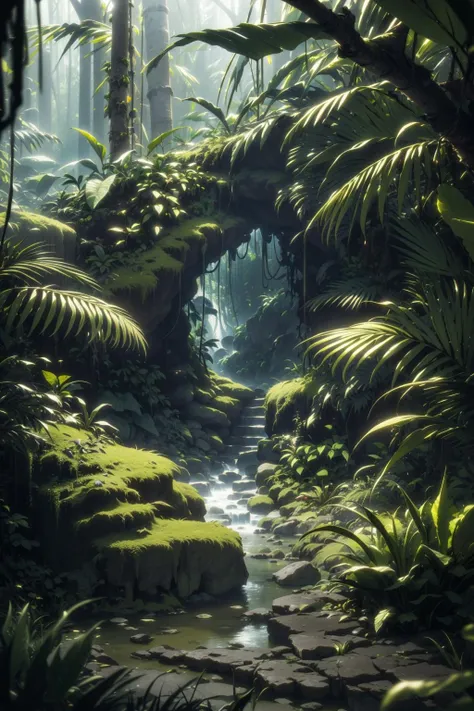 Looking out of a cave, (ambient occlusion:0.85, global illumination:1.2), (Subsurface scattering), (Jungle:1.2), (beautifully color-graded) cinematic , ue5, (masterpiece, best quality, high quality, highres), rainforest, vivid colors, (cinematic lighting:0.8), (golden dust) with Volume rendering