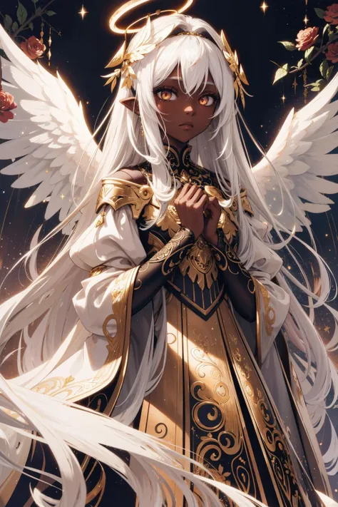 (intricate details), (****), eldritch, (dream), illustration, heaven background, flowers, 1girl, white hair, golden eyes, long hair, halo, angel wings, (dark skin), serene, looking at viewer, magenta, (black:1.2), plants, (white:0.8), immaculate, heroic \(theme\), glow, glowing eyes, (sparkly:0.9 gold), sy3, SMM