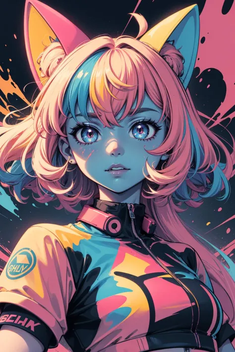 extreme quality, cg, detailed face+eyes, (bright colors), splashes of color background, colors mashing, paint splatter, animated, cartoon, complimentary colors, electric, neon, magical, (thunder cat), impatient, (limited palette), synththwave, masterpiece, fine art, tan skin, upperbody