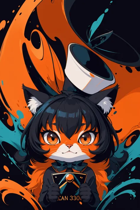 masterpiece, best quality, ultra high res, a cute cat, animal, beautiful, visually stunning, elegant, incredible details, award-winning painting, high contrast, vector art, line art, splatter, flat color, color merge gradient, (kitten:0.7), (dark orange theme:1.2), n3on, glowing, neon, (fluffy:1.2), top hat, cat eyes, serious, teal, (no humans:1.4)