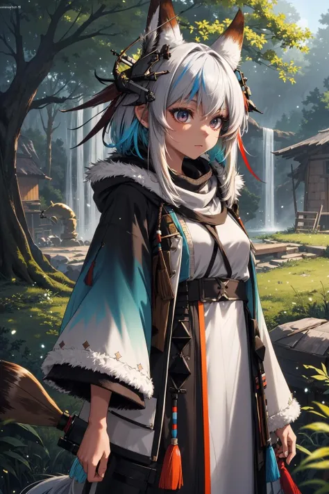 extreme quality, cg, detailed face+eyes, (bright colors:0.9), a cute demon girl standing, (feudal tribal village in the forest:1.1), (tan skin), colored outlines, hair down, silver hair, red, masterpiece, 8k, (tone mapping, hyper focus:0.7), aqua, looking, zoomed out, complimentary colors, light particles, dappled sunlight, cloudy sky, fur trim hoodie, (headdress), tribal clothing, (colored inner hair:1.25), gradient hair, (multicolored hair:0.9), dark, foggy, righteous, bokeh, natural, limited palette, (arknights:1.2), messy hair, (detailed hair:1.1), rainbow in the sky