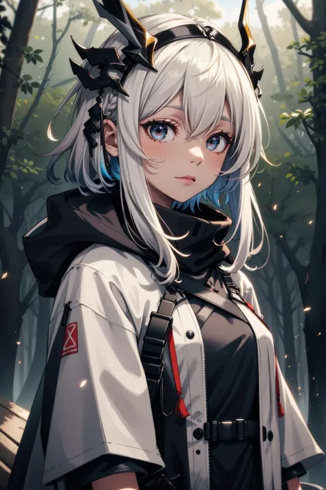 extreme quality, cg, detailed face+eyes, (bright colors:0.9), a cute demon girl standing, (feudal tribal village in the forest:1.1), (tan skin), colored outlines, hair down, pale hair, purple, masterpiece, 8k, (tone mapping, hyper focus:0.7), green, looking, zoomed out, complimentary colors, light particles, dappled sunlight, cloudy sky, fur trim hoodie, (headdress), tribal clothing, (colored inner hair:1.25), gradient hair, (multicolored hair:0.9), dark, foggy, righteous, bokeh, natural, limited palette, (arknights:1.2), messy hair, (detailed hair:1.1), rainbow in the sky
