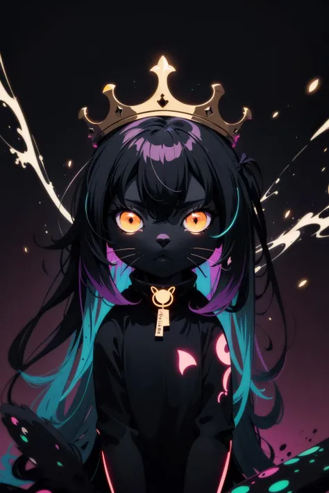 masterpiece, best quality, ultra high res, a cute cat, animal, beautiful, visually stunning, elegant, incredible details, award-winning painting, high contrast, vector art, line art, splatter, flat color, color merge gradient, (kitten:0.7), (dark black theme:1.2), neon color, glowing, neon, (fluffy:1.19), crown, cat eyes, serious, orange