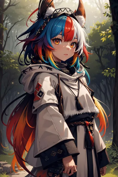 extreme quality, cg, detailed face+eyes, (bright colors:0.9), a cute demon girl standing, (feudal tribal village in the forest:1.1), (tan skin), colored outlines, hair down, orange hair, green, masterpiece, 8k, (tone mapping, hyper focus:0.7), violet, looking, zoomed out, complimentary colors, light particles, dappled sunlight, cloudy sky, fur trim hoodie, (headdress), tribal clothing, (colored inner hair:1.25), gradient hair, (multicolored hair:0.9), dark, foggy, righteous, bokeh, natural, limited palette, (arknights:1.2), messy hair, (detailed hair:1.1), rainbow in the sky