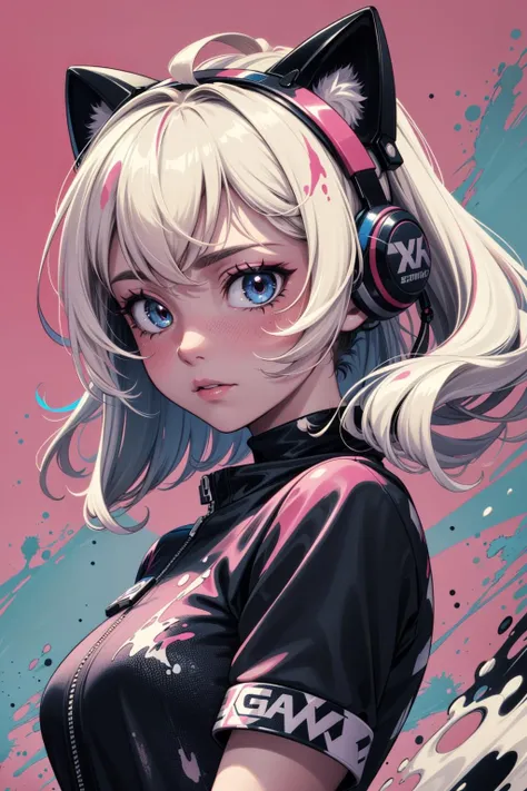 extreme quality, cg, detailed face+eyes, (bright colors), splashes of color background, colors mashing, paint splatter, animated, cartoon, complimentary colors, electric, neon, magical, (thunder cat), impatient, (limited palette), synththwave, masterpiece, fine art, tan skin, upperbody