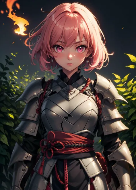 (masterpiece:1.1), (highest quality:1.1), (HDR:1.3), (real focus:1.2), (colored:1.3), a cute girl, detailed face and eyes, solo, neon hair, kimono, (armor:0.7, sash, rope), short hair, wavy hair, (pink) eyes, muted color, violet neon embers, plants, (luminous:1.2)