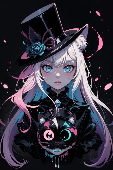 masterpiece, best quality, ultra high res, a cute cat, animal, beautiful, visually stunning, elegant, incredible details, award-winning painting, high contrast, vector art, line art, splatter, flat color, color merge gradient, (kitten:0.7), (dark black theme:1.2), n3on, glowing, neon, (fluffy:1.2), top hat, cat eyes, serious, violet