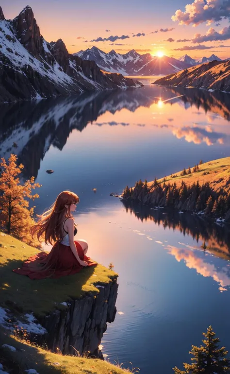 extreme quality, cg, (bright colors:0.8), A up close photo of of the backside of a woman standing on a cliff overlooking a vast, serene lake. She is looking away from the camera out at the sunset. The mountains in the distance are reflected in the water, and the golden hues of the setting sun paint the sky in breathtaking colors., masterpiece, best quality, 8k