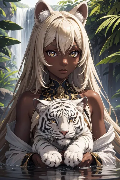 extreme quality, realistic photo of reflective marble flooring, 1girl, detailed (anime face and eyes), cute, (gold eyes), white tiger ears, (dark skin:1.18), nature, luxury, plants, natural water, outdoors, light dust, supreme, ultra-detailed, extreme quality, masterpiece, 8k, intricate details, (guilty)