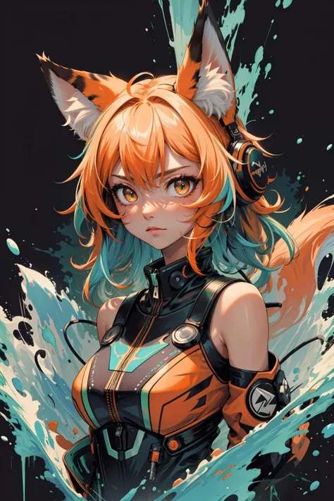 (masterpiece:1.1), (highest quality:1.1), (HDR:1.0), extreme quality, cg, (negative space), detailed face+eyes, 1girl, fox ears, animal ear fluff, (plants:1.18), (fractal art), (bright colors), splashes of color background, colors mashing, paint splatter, complimentary colors, neon, (thunder tiger), compassionate, electric, limited palette, synthwave, fine art, tan skin, upper body, (green and orange:1.2), time stop, sy3, SMM